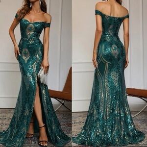 Elegant Green Off-Shoulder Evening Gown